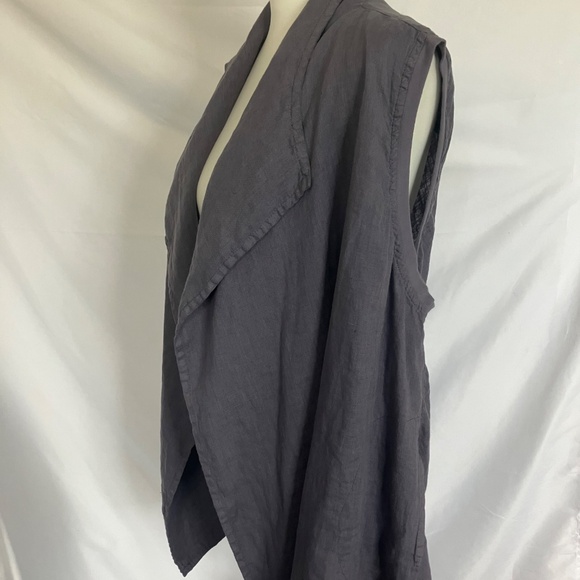 FLAX Grey Linen Open Front High Collar vest - Picture 2 of 5